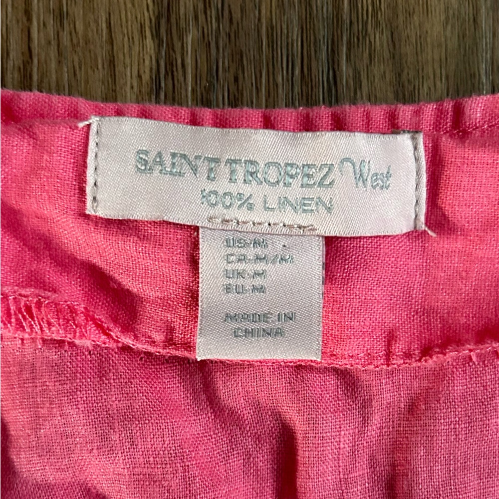 SAINT TROPEZ 100% Linen Embroidered Notch Neck Short Sleeve Top Casual Pink Sz M - Picture 2 of 16
